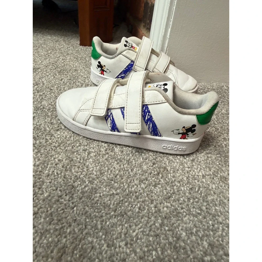 Adidas Grand Court Mickey Mouse Kids Sneakers White Blue Green Size 10K